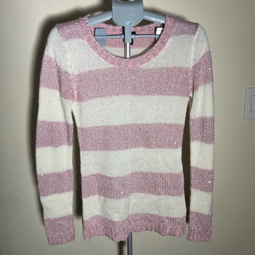 Rue 21 Striped White and Shimmery Pink Women's Sweater